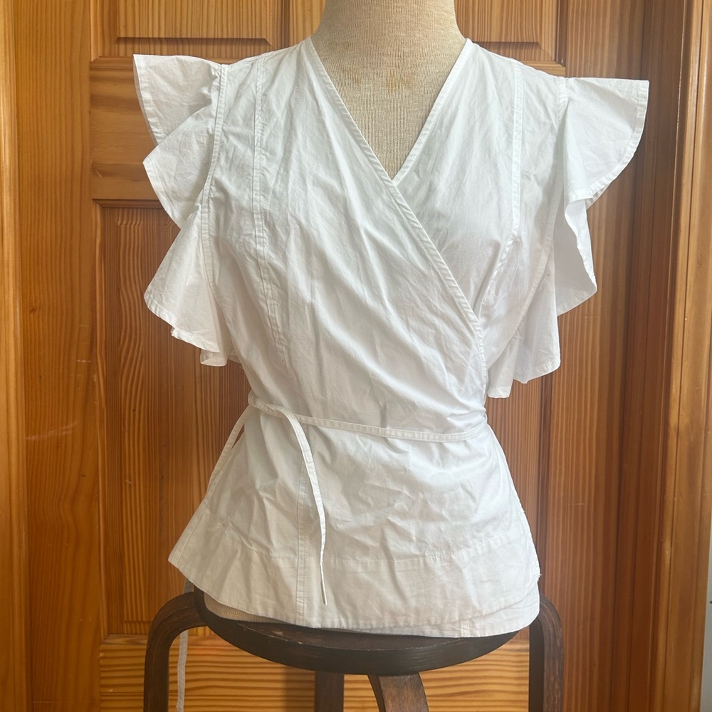 Ganni White Wrap Blouse with Ruffle Sleeves